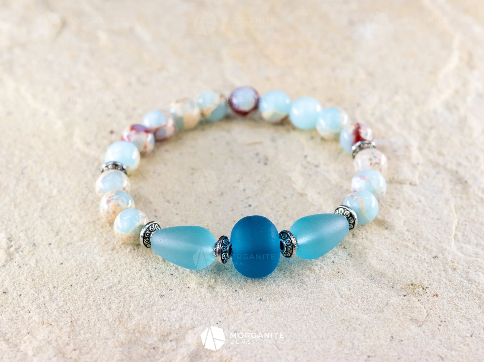 Sky Blue Jasper and Sea Glass Bracelet-Morganite Gems