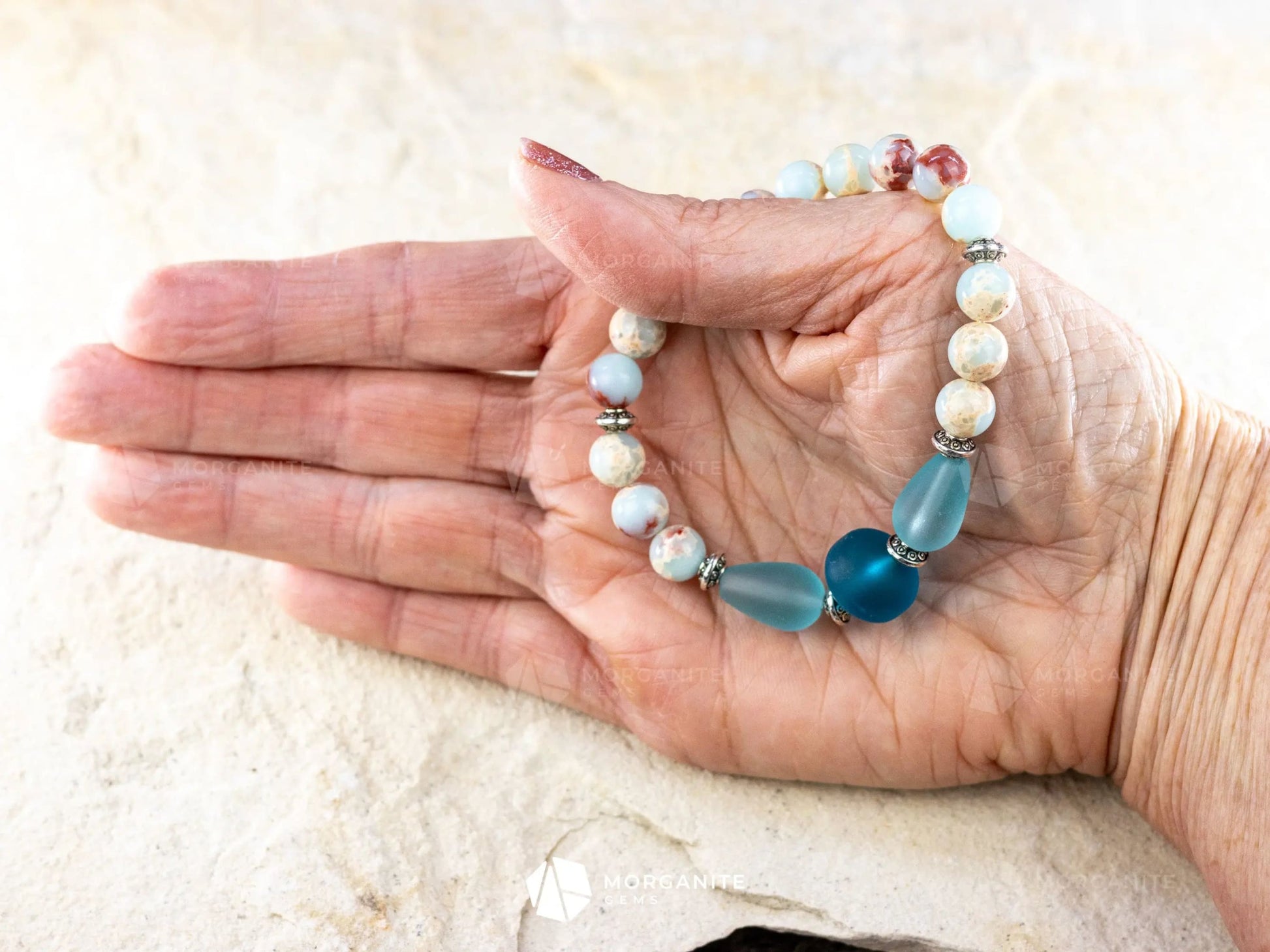 Sky Blue Jasper and Sea Glass Bracelet-Morganite Gems