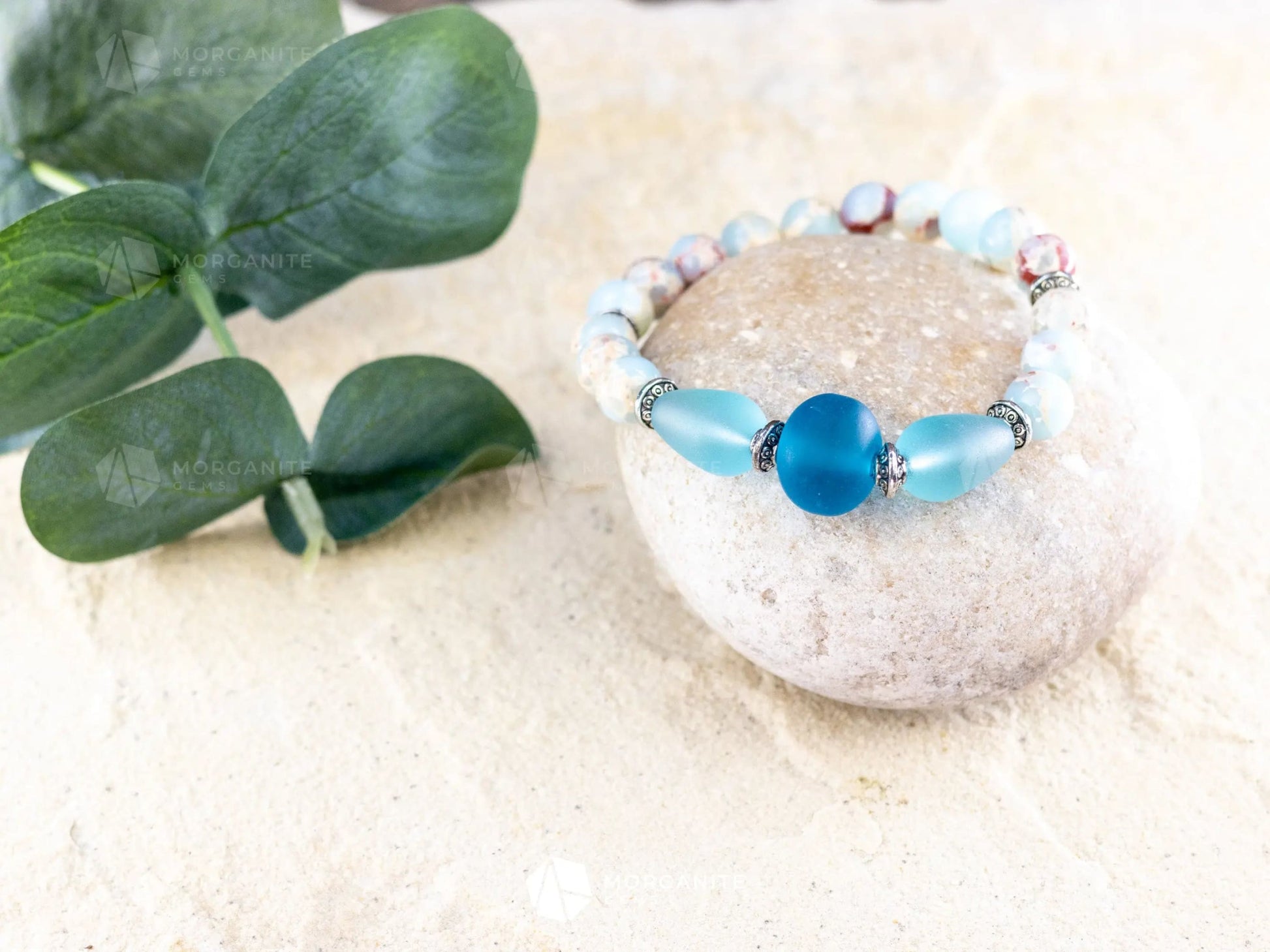 Sky Blue Jasper and Sea Glass Bracelet-Morganite Gems