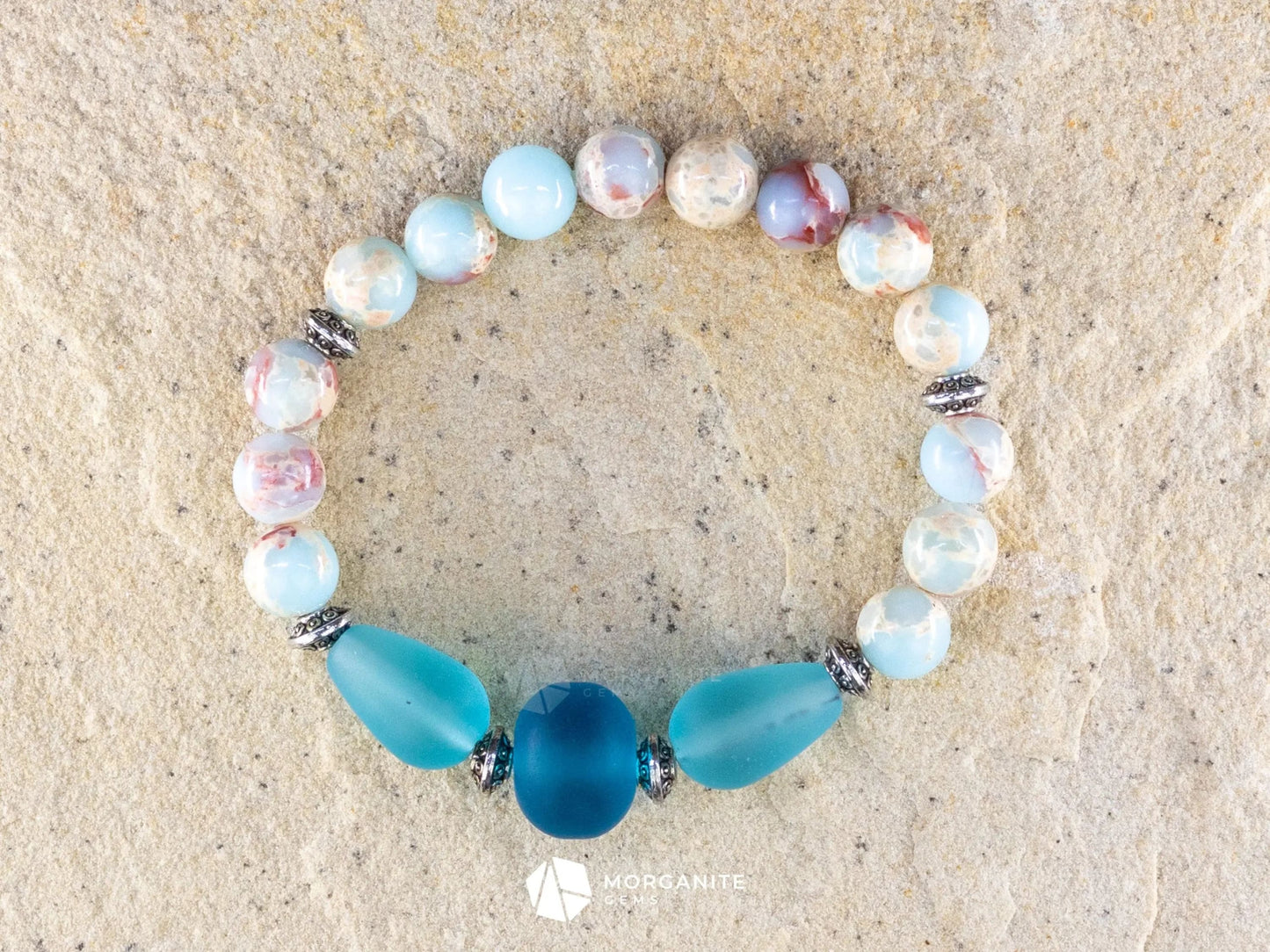 Sky Blue Jasper and Sea Glass Bracelet-Morganite Gems