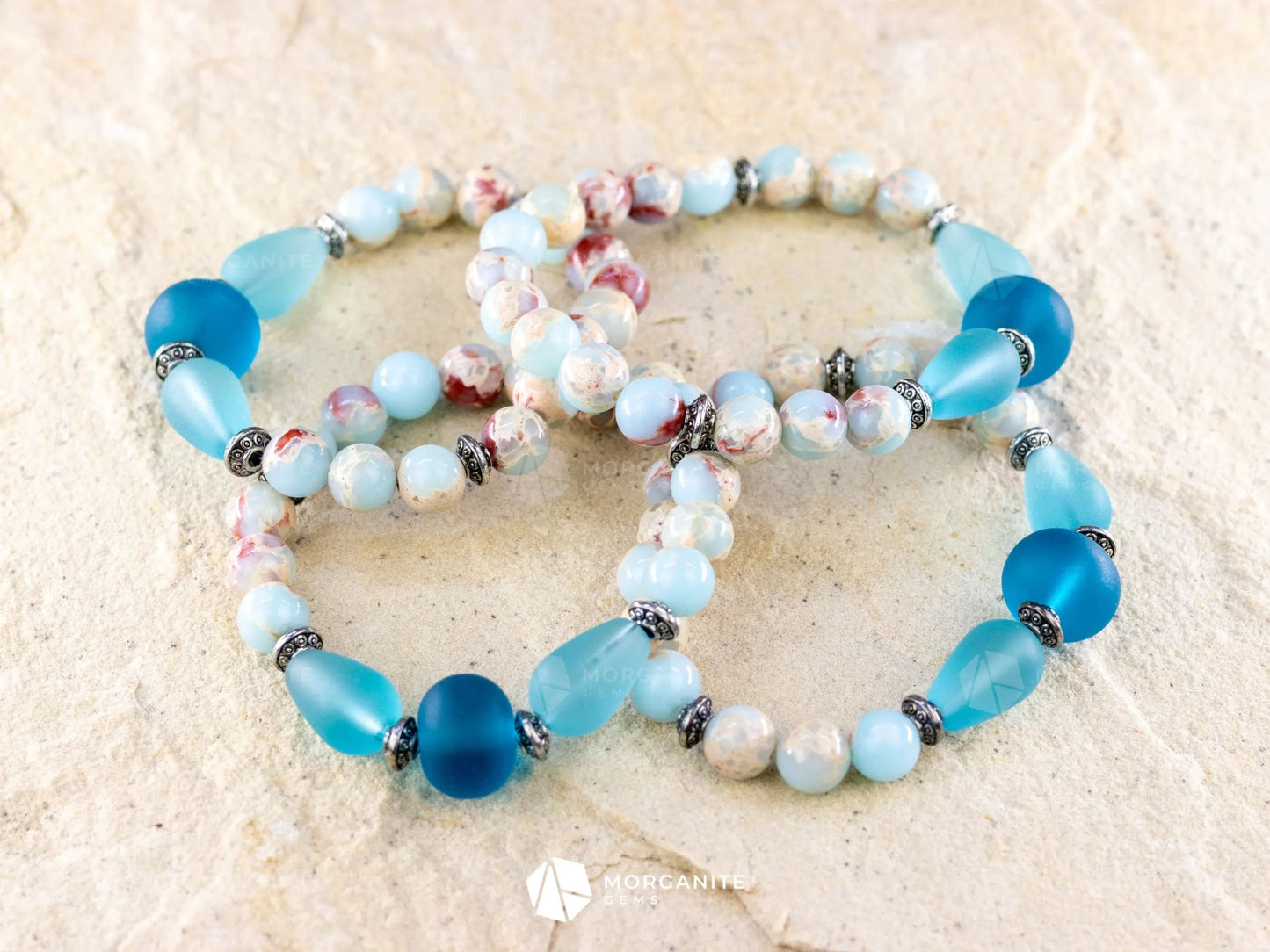 Sky Blue Jasper and Sea Glass Bracelet-Morganite Gems