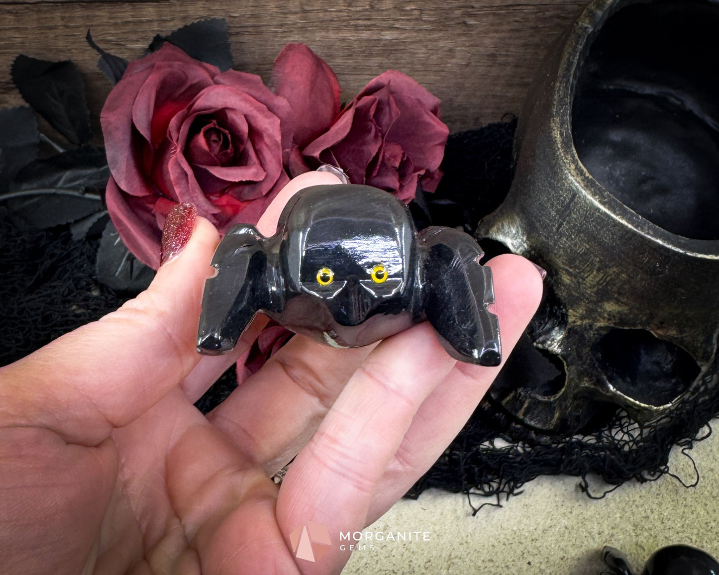 Small Black Onyx Spider Carving – Hand-Carved Tarantula Figurine with Meaning Card for Protection & Gothic Decor