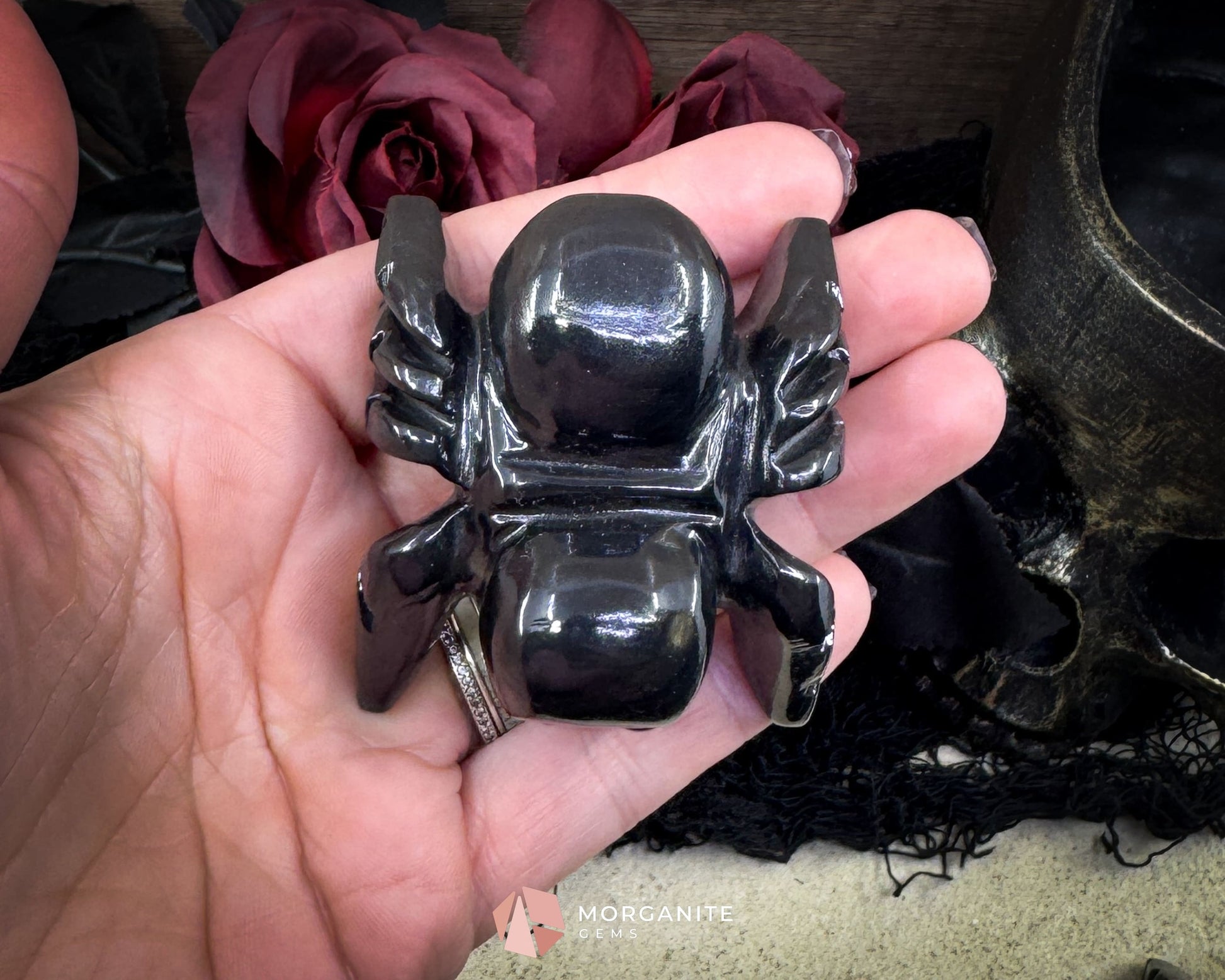 Small Black Onyx Spider Carving – Hand-Carved Tarantula Figurine with Meaning Card for Protection & Gothic Decor