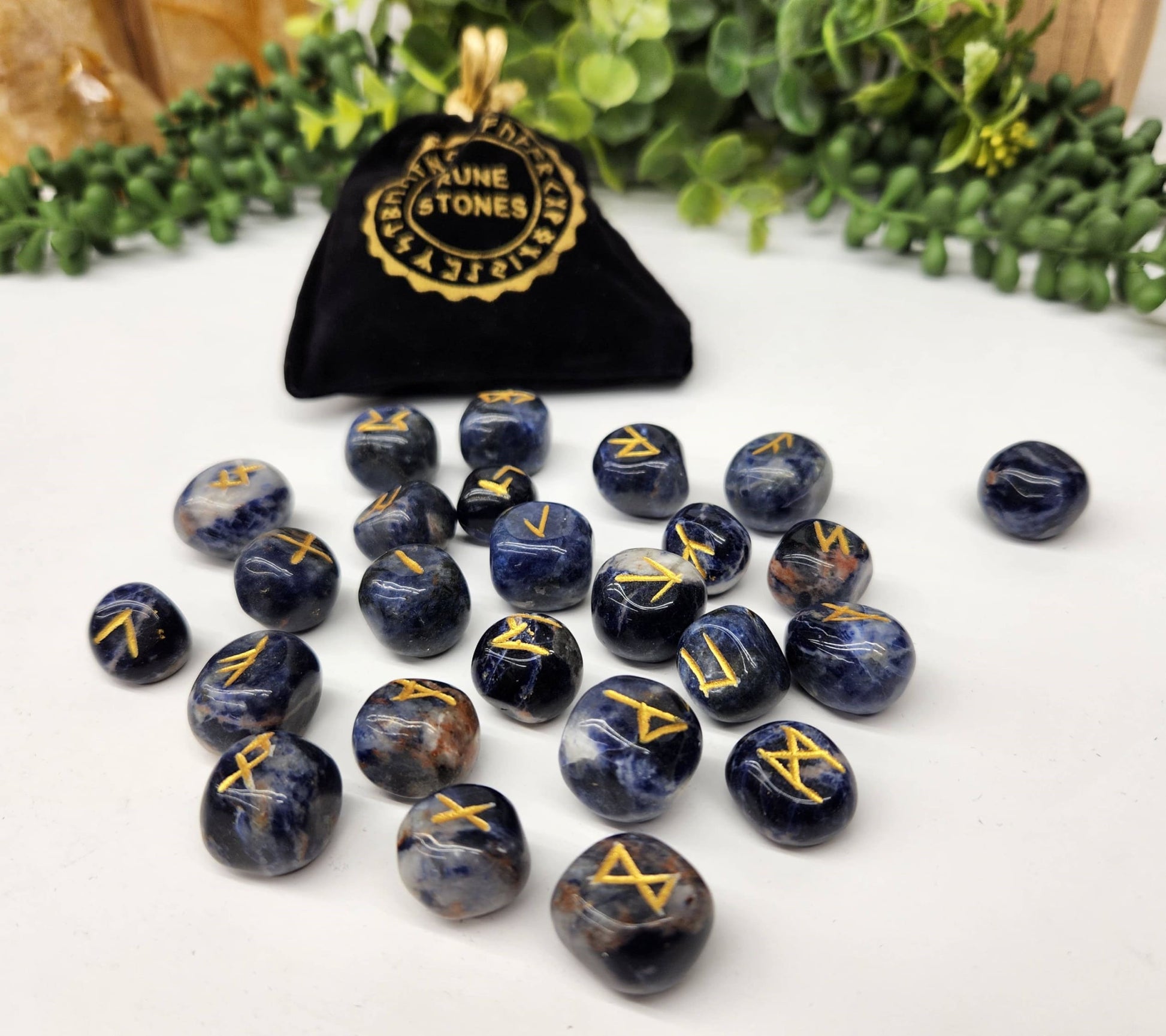 Sodalite Semi-Precious Gemstone Rune Sets with Velvet Pouch-Morganite Gems