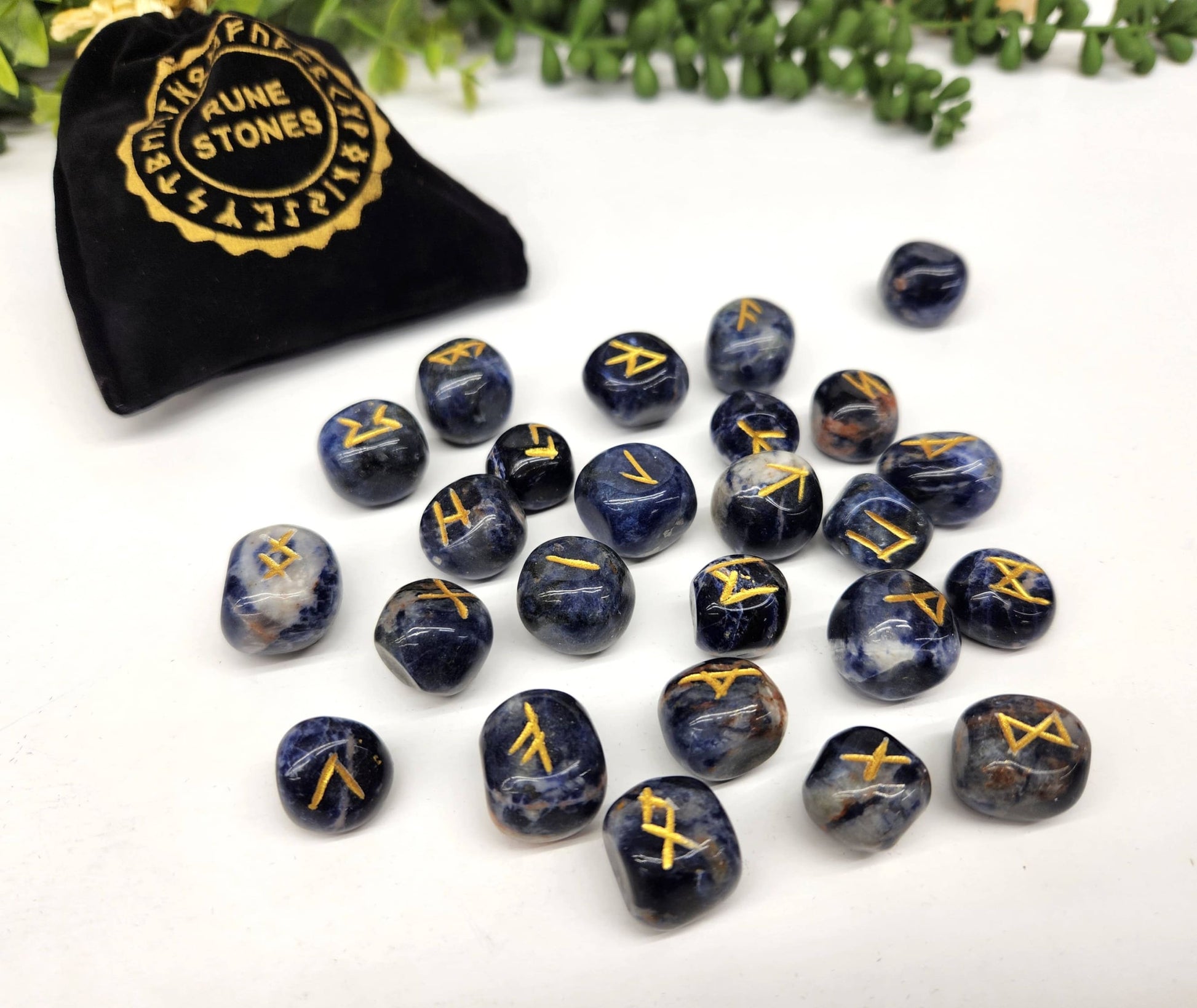 Sodalite Semi-Precious Gemstone Rune Sets with Velvet Pouch-Morganite Gems