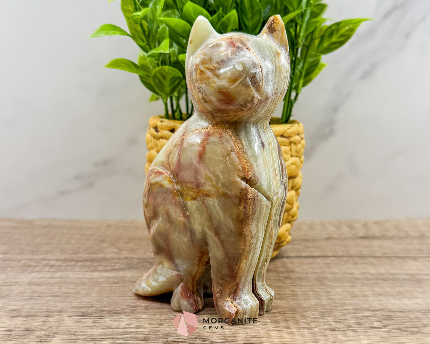 Solid Onyx Carved Cat – Handcrafted 6-Inch Decorative Sculpture-Morganite Gems