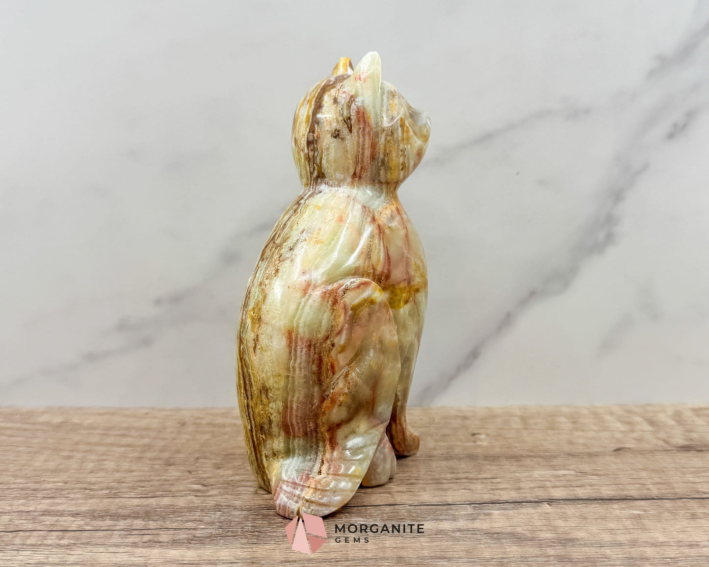 Solid Onyx Carved Cat – Handcrafted 6-Inch Decorative Sculpture-Morganite Gems