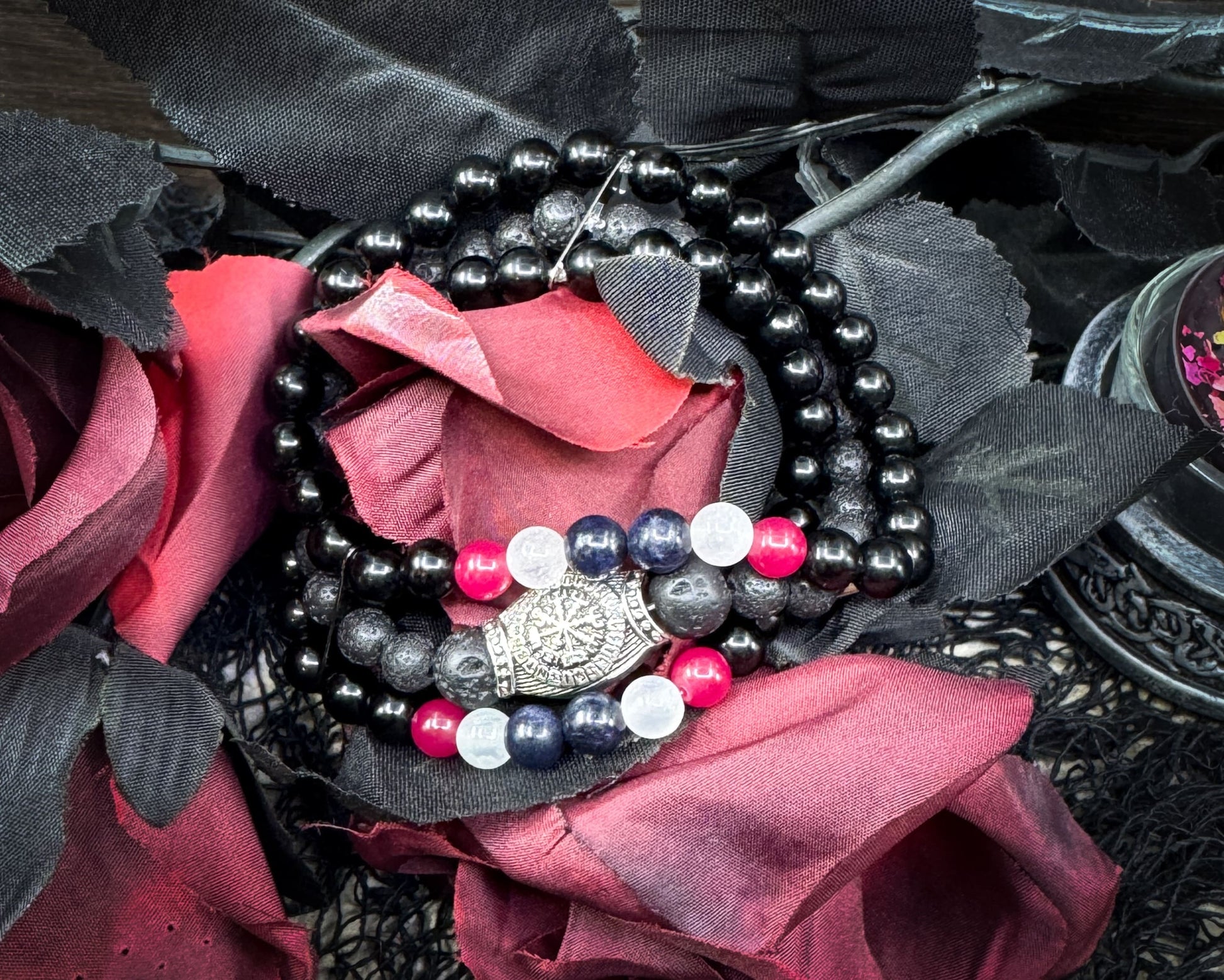 Nordic Gemstones Helm of Awe Bracelet – Triple Strand Ruby Sapphire Selenite Lava & Blue Obsidian - Jewelry