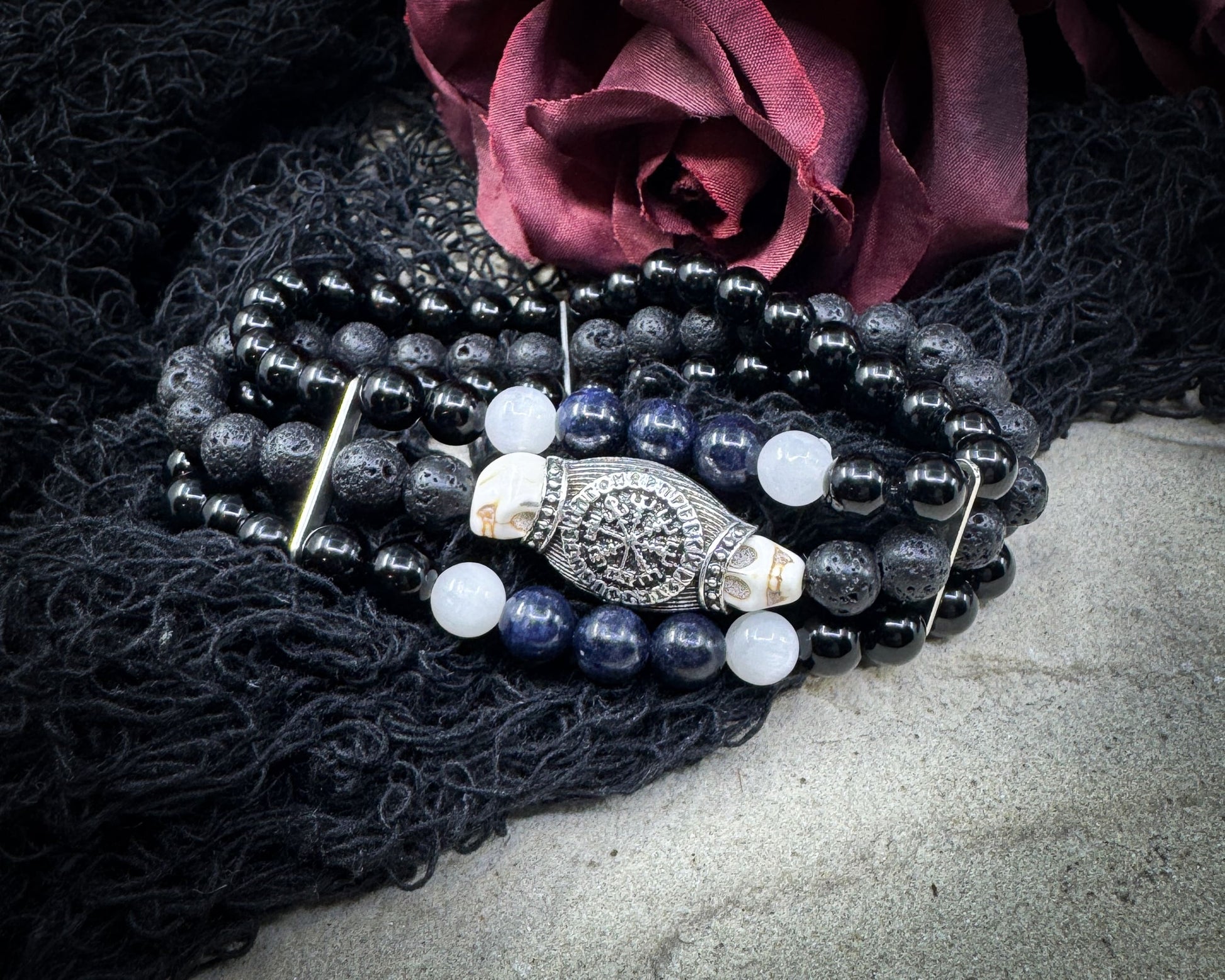 Nordic Gemstones Helm of Awe Bracelet – Triple Strand Sapphire Selenite Black Onyx Lava Stone & Skull - Jewelry
