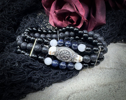 Nordic Gemstones Helm of Awe Bracelet – Triple Strand Sapphire Selenite Black Onyx Lava Stone & Skull - Jewelry