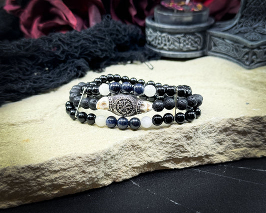 Nordic Gemstones Helm of Awe Bracelet – Triple Strand Sapphire Selenite Black Onyx Lava Stone & Skull - Jewelry