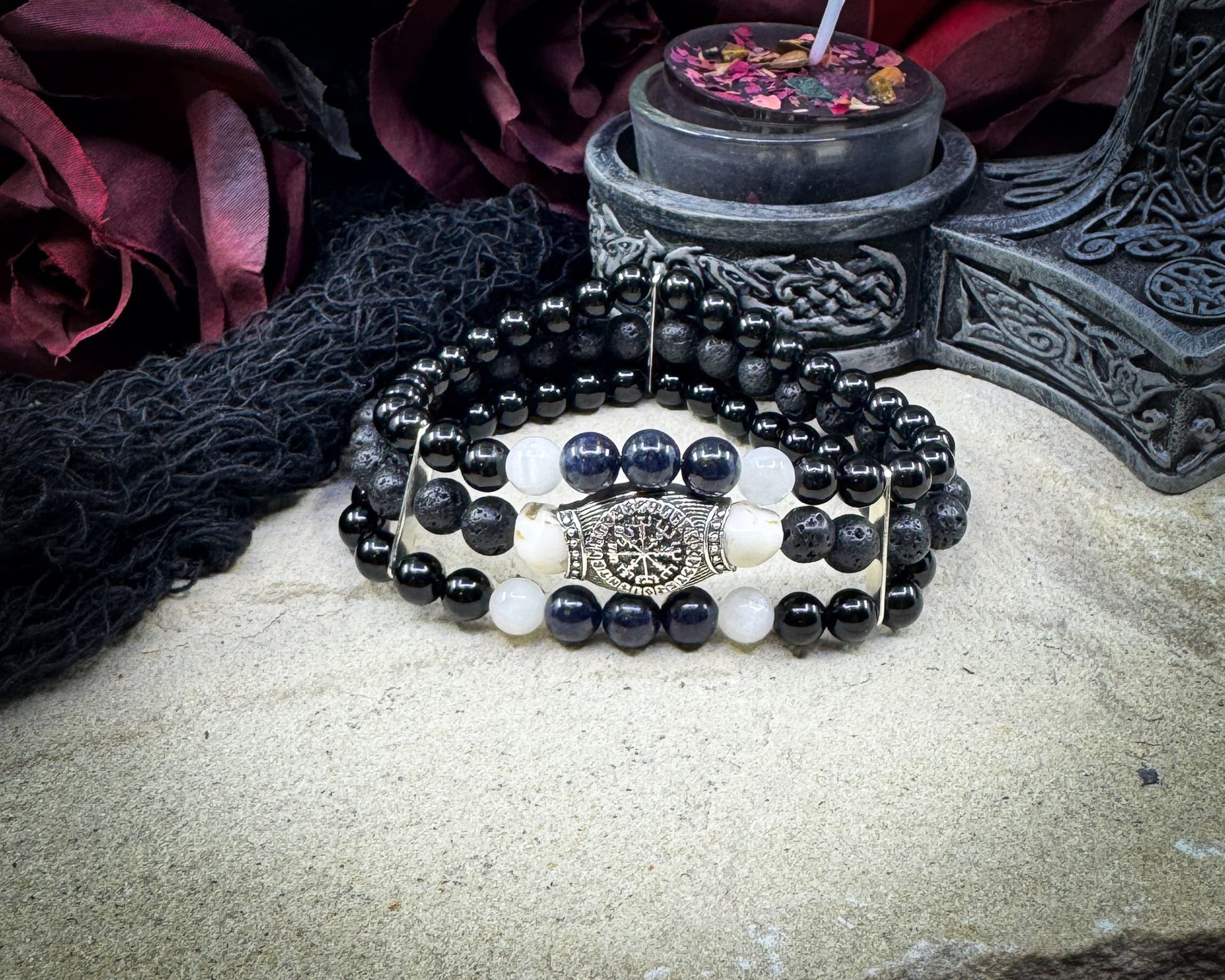 Nordic Gemstones Helm of Awe Bracelet – Triple Strand Sapphire Selenite Black Onyx Lava Stone & Skull - Jewelry
