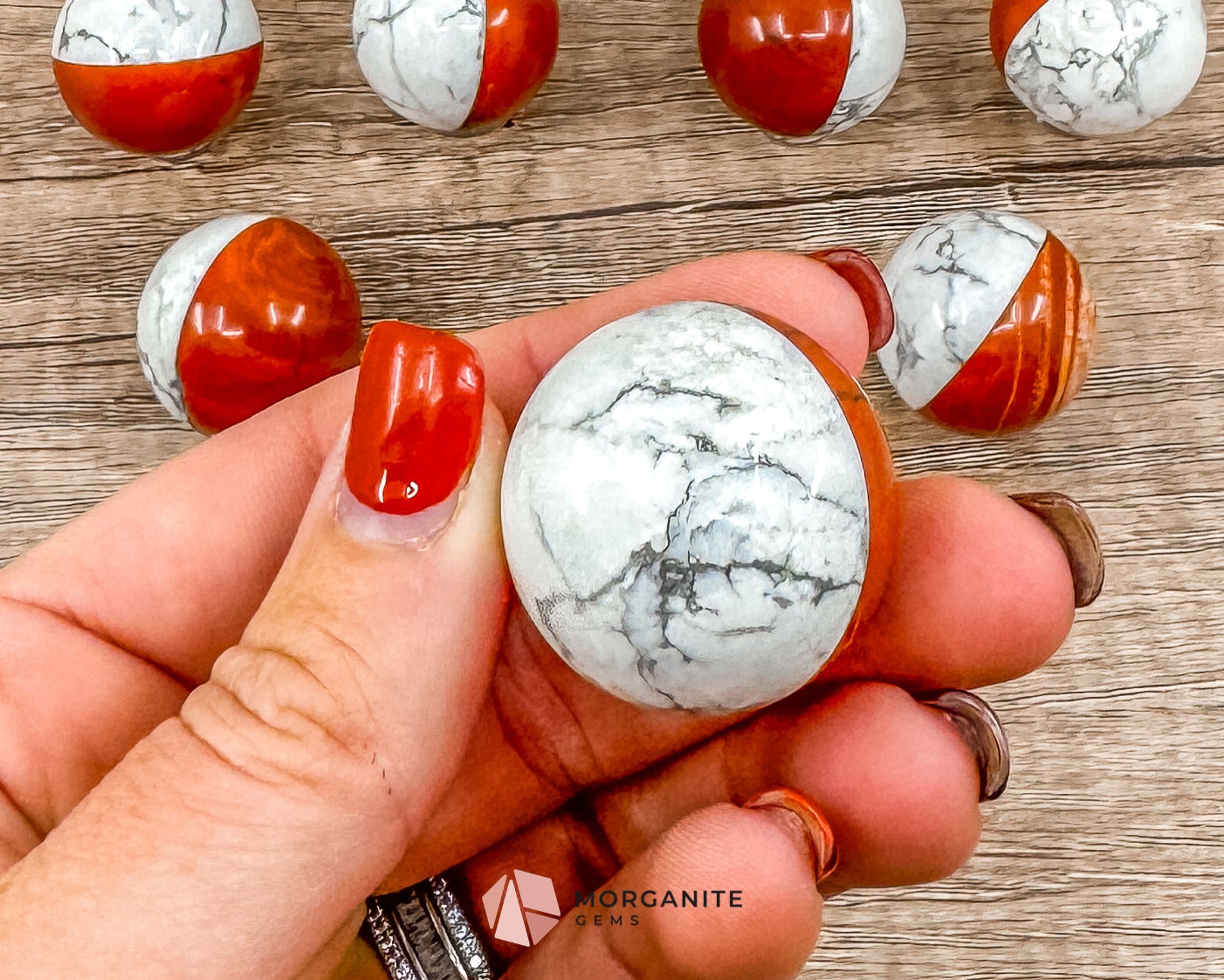 Stone Pokémon Ball in Howlite and Red Jasper – Unique Crystal Ball for Calm, Strength & Collectors-Morganite Gems