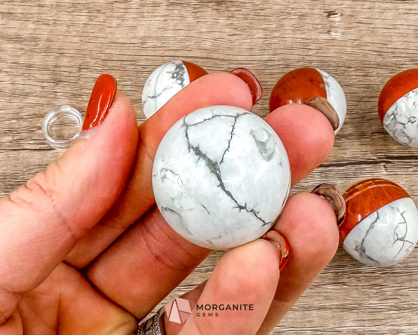 Stone Pokémon Ball in Howlite and Red Jasper – Unique Crystal Ball for Calm, Strength & Collectors-Morganite Gems