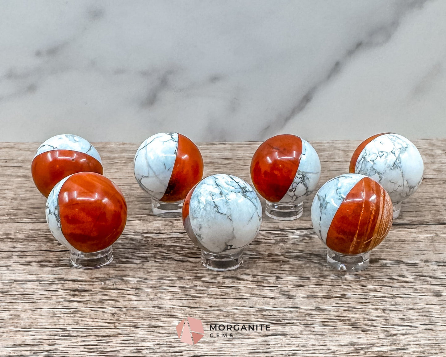 Stone Pokémon Ball in Howlite and Red Jasper – Unique Crystal Ball for Calm, Strength & Collectors-Morganite Gems