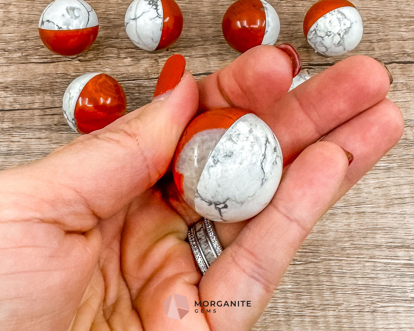 Stone Pokémon Ball in Howlite and Red Jasper – Unique Crystal Ball for Calm, Strength & Collectors-Morganite Gems