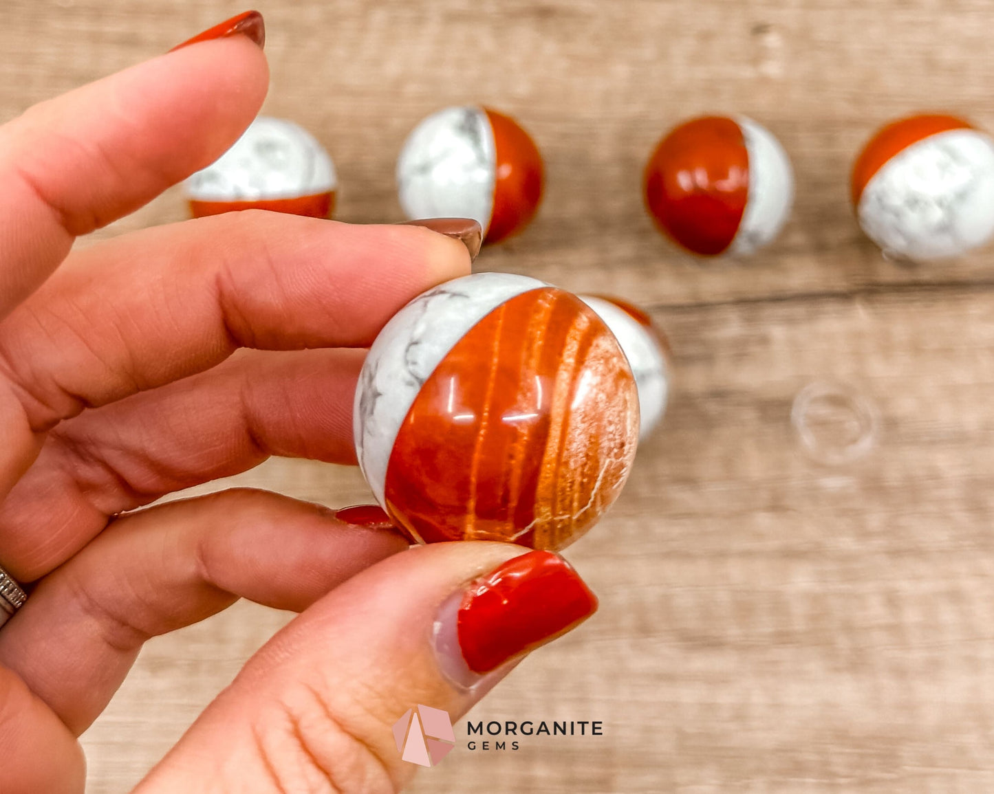 Stone Pokémon Ball in Howlite and Red Jasper – Unique Crystal Ball for Calm, Strength & Collectors-Morganite Gems