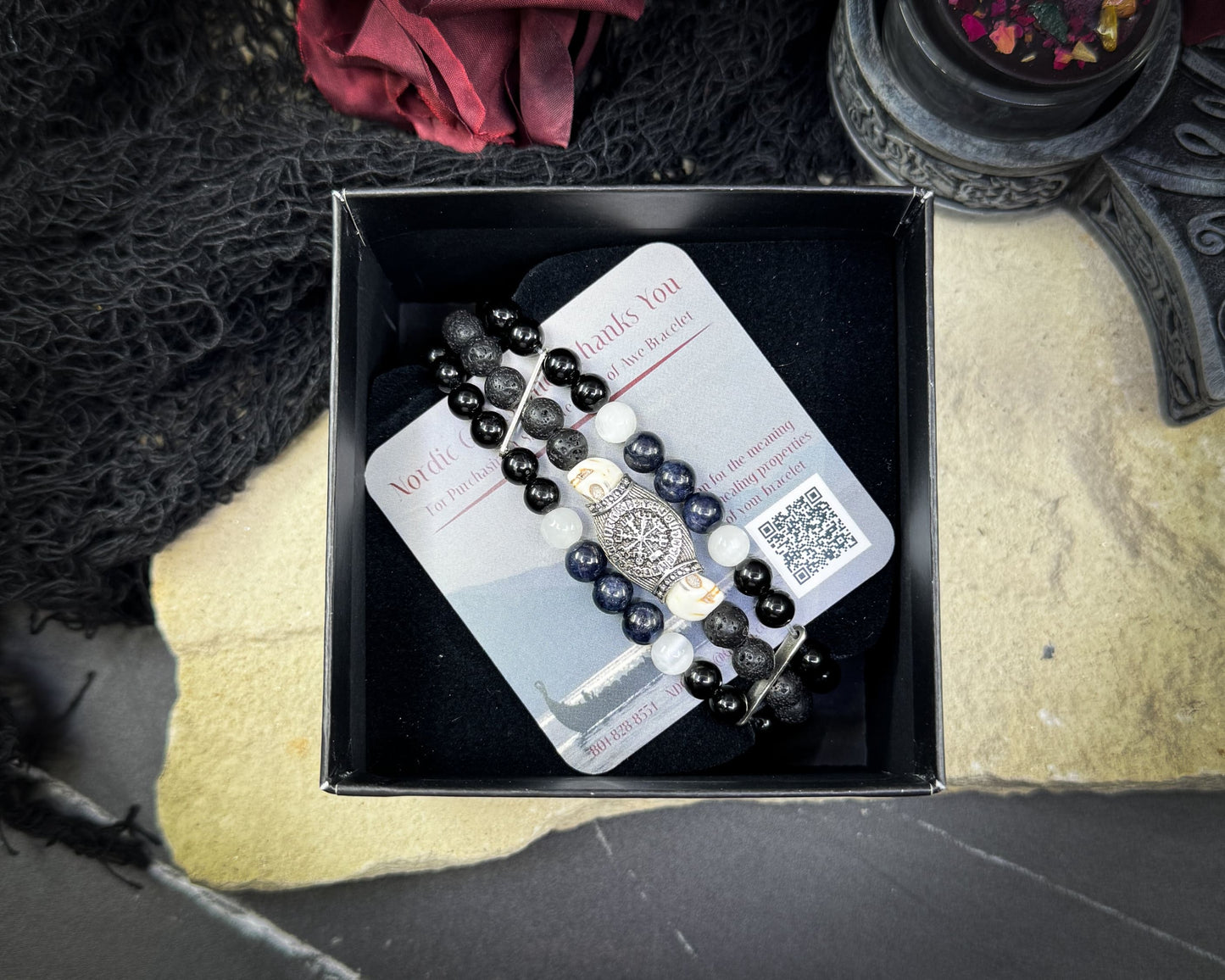 Nordic Gemstones Helm of Awe Bracelet – Triple Strand Sapphire Selenite Black Onyx Lava Stone & Skull - Jewelry