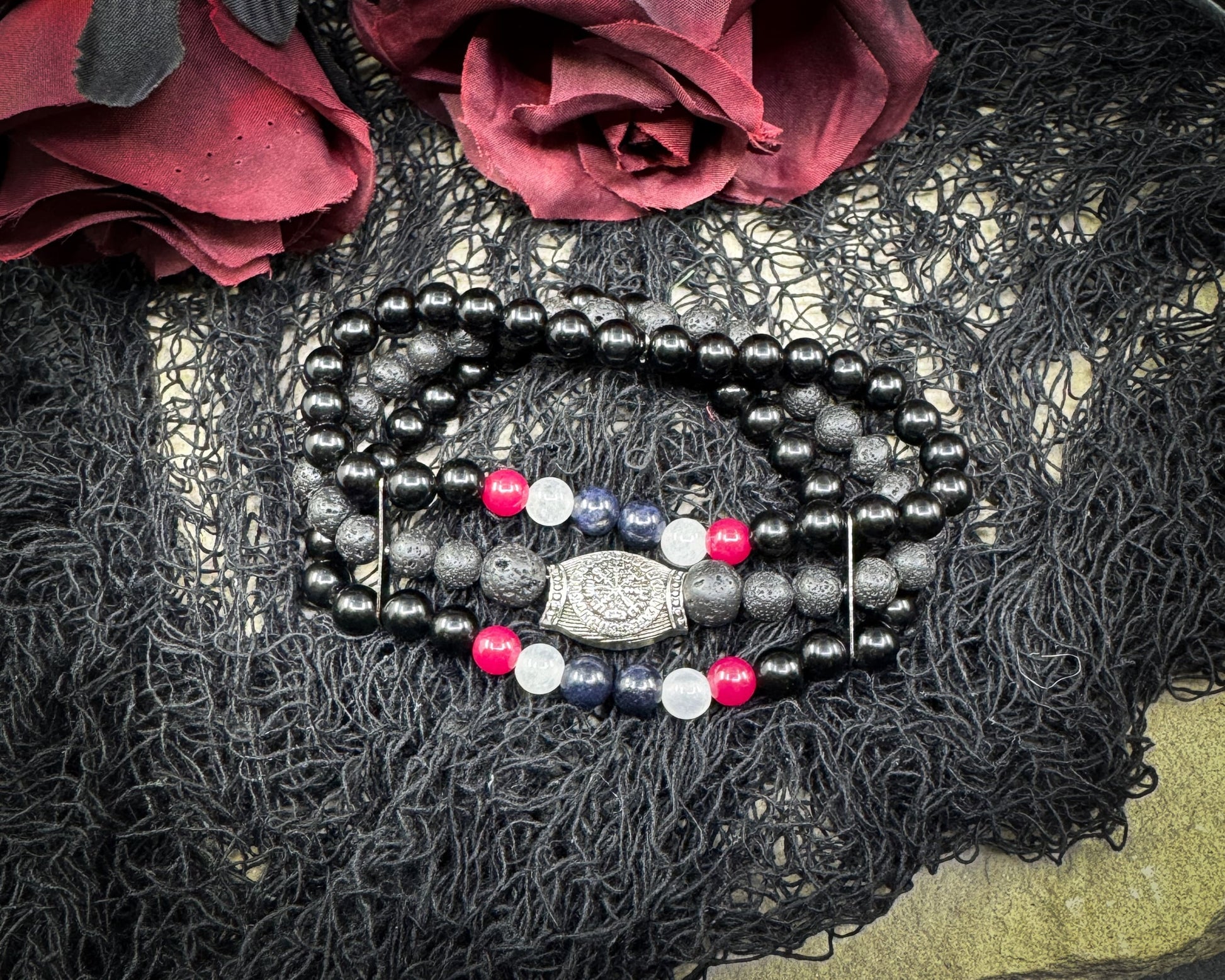 Nordic Gemstones Helm of Awe Bracelet – Triple Strand Ruby Sapphire Selenite Lava & Blue Obsidian - Jewelry