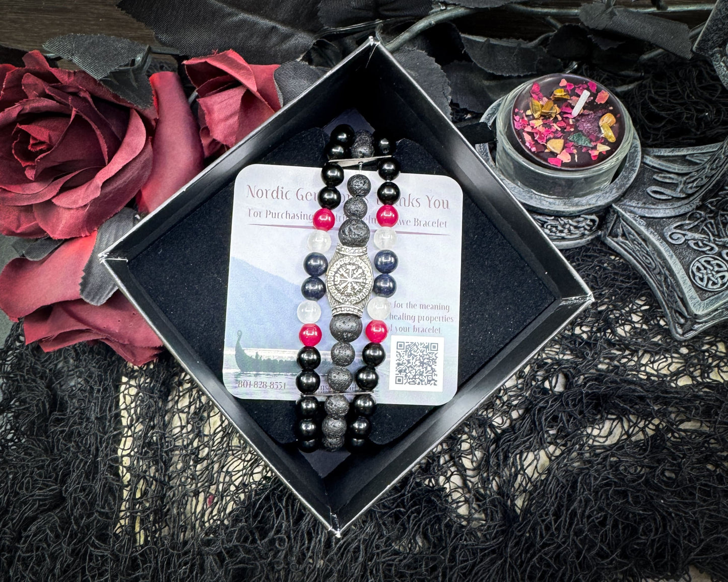 Nordic Gemstones Helm of Awe Bracelet – Triple Strand Ruby Sapphire Selenite Lava & Blue Obsidian - Jewelry