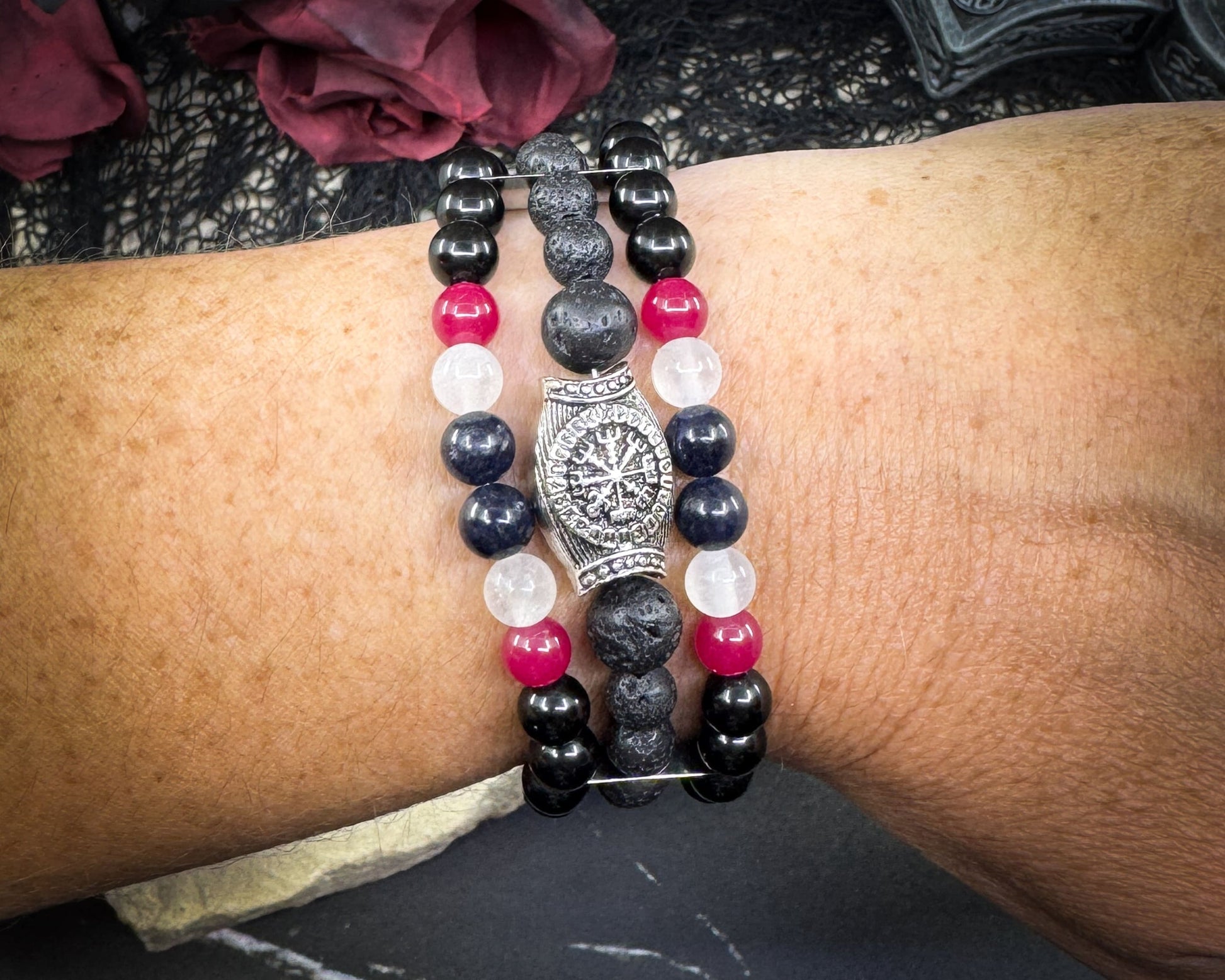 Nordic Gemstones Helm of Awe Bracelet – Triple Strand Ruby Sapphire Selenite Lava & Blue Obsidian - Jewelry