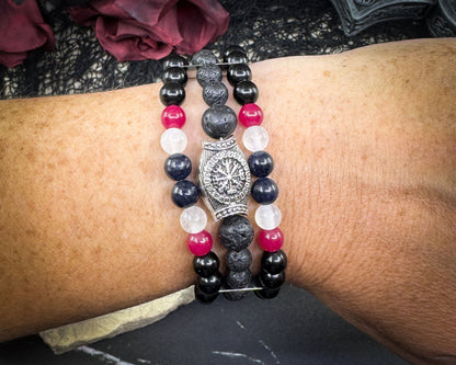 Nordic Gemstones Helm of Awe Bracelet – Triple Strand Ruby Sapphire Selenite Lava & Blue Obsidian - Jewelry