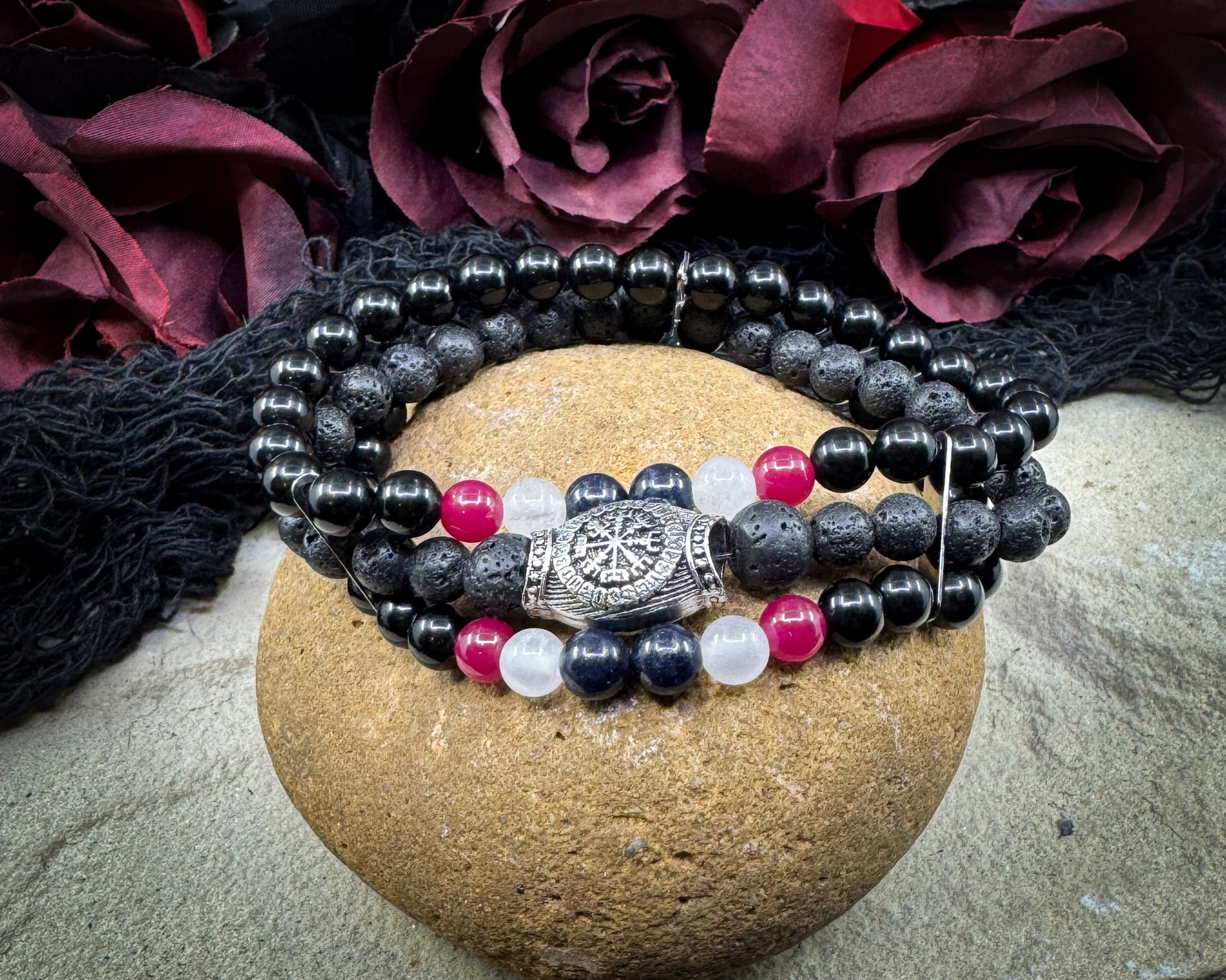 Nordic Gemstones Helm of Awe Bracelet – Triple Strand Ruby Sapphire Selenite Lava & Blue Obsidian - Jewelry