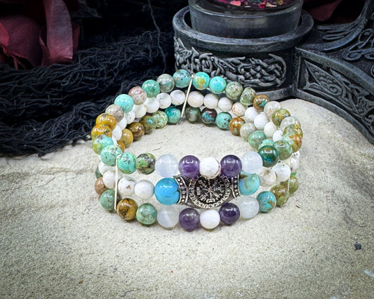 Nordic Gemstones Helm of Awe Bracelet – Triple Strand Amethyst Selenite Turquoise & White Turquoise - Jewelry