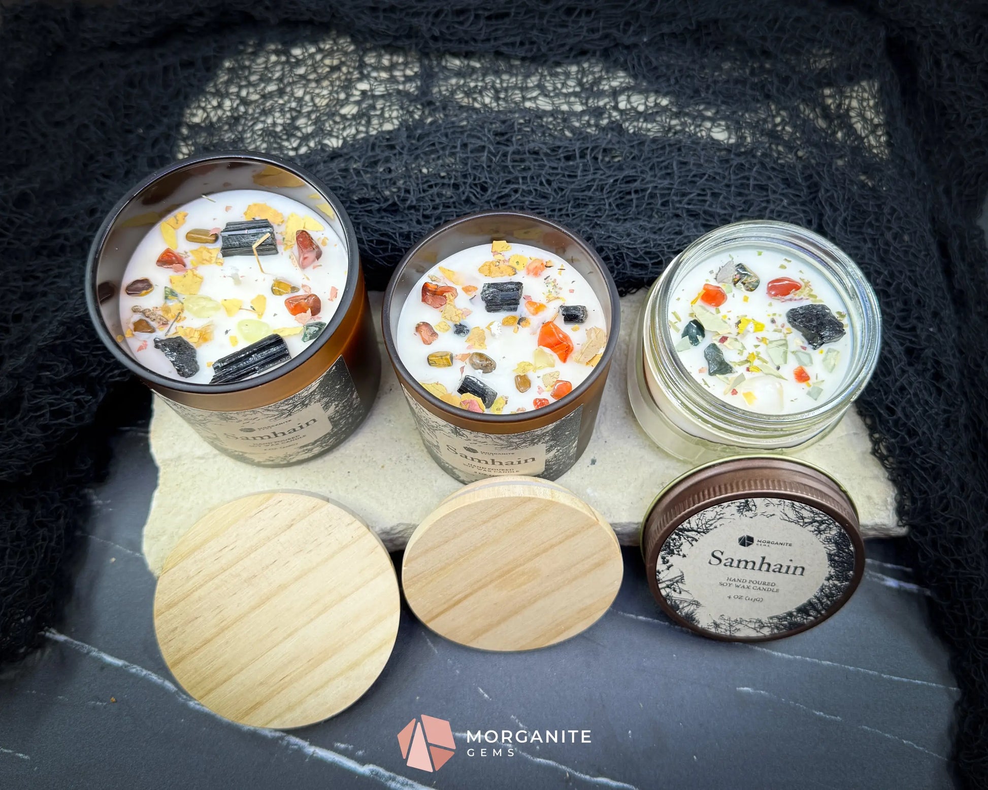 Samhain Candle Collection – Choose Your Size | Soy Candles with Crystals & Herbs | Fall Witchy Decor & Ritual Candles