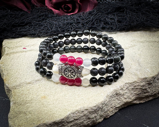 Nordic Gemstones Helm of Awe Bracelet – Triple Strand Ruby Selenite Blue Obsidian Lava & Skull - Jewelry