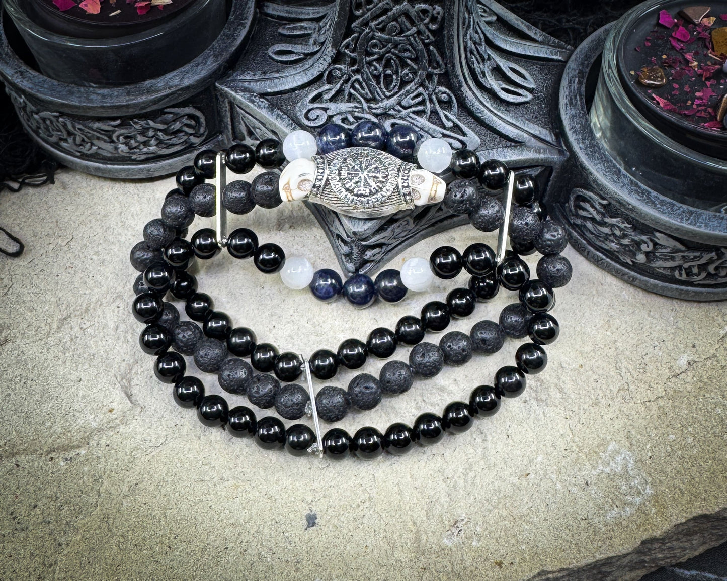 Nordic Gemstones Helm of Awe Bracelet – Triple Strand Sapphire Selenite Black Onyx Lava Stone & Skull - Jewelry