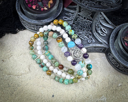 Nordic Gemstones Helm of Awe Bracelet – Triple Strand Amethyst Selenite Turquoise & White Turquoise - Jewelry