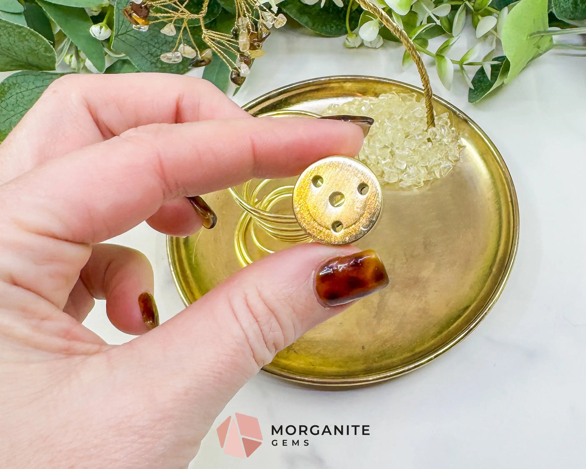 Tiger’s Eye & Rutilated Quartz Gemstone Tree Incense Holder – Gold Smudge Stick Station for Protection & Clarity