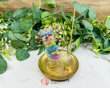 Tiger’s Eye & Rutilated Quartz Gemstone Tree Incense Holder – Gold Smudge Stick Station for Protection & Clarity