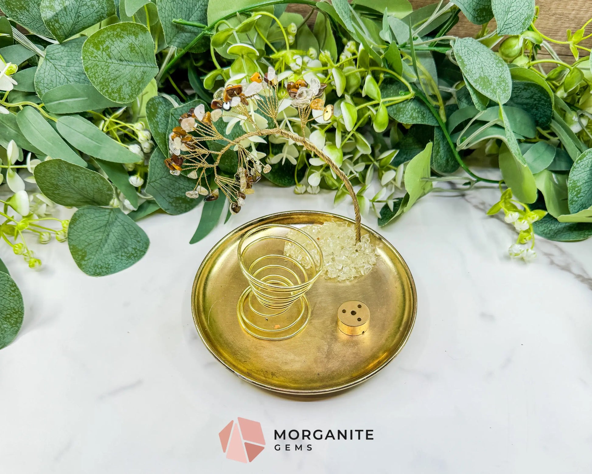 Tiger’s Eye & Rutilated Quartz Gemstone Tree Incense Holder – Gold Smudge Stick Station for Protection & Clarity