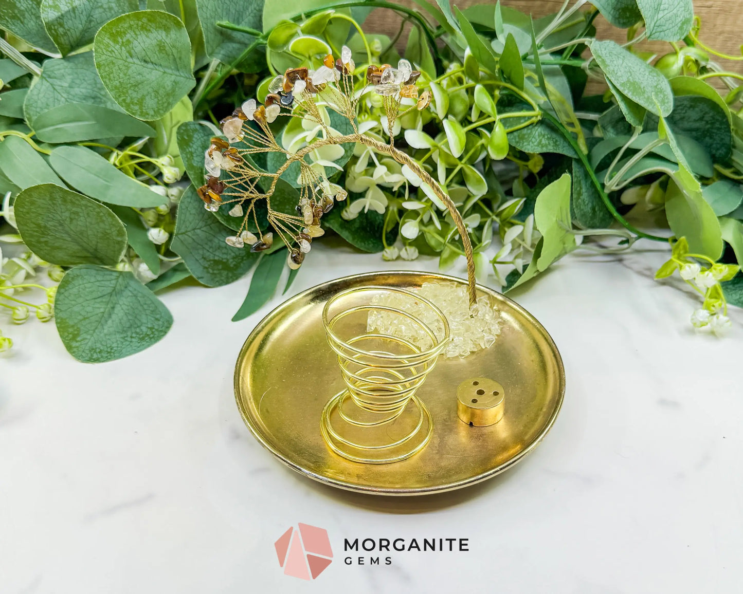 Tiger’s Eye & Rutilated Quartz Gemstone Tree Incense Holder – Gold Smudge Stick Station for Protection & Clarity