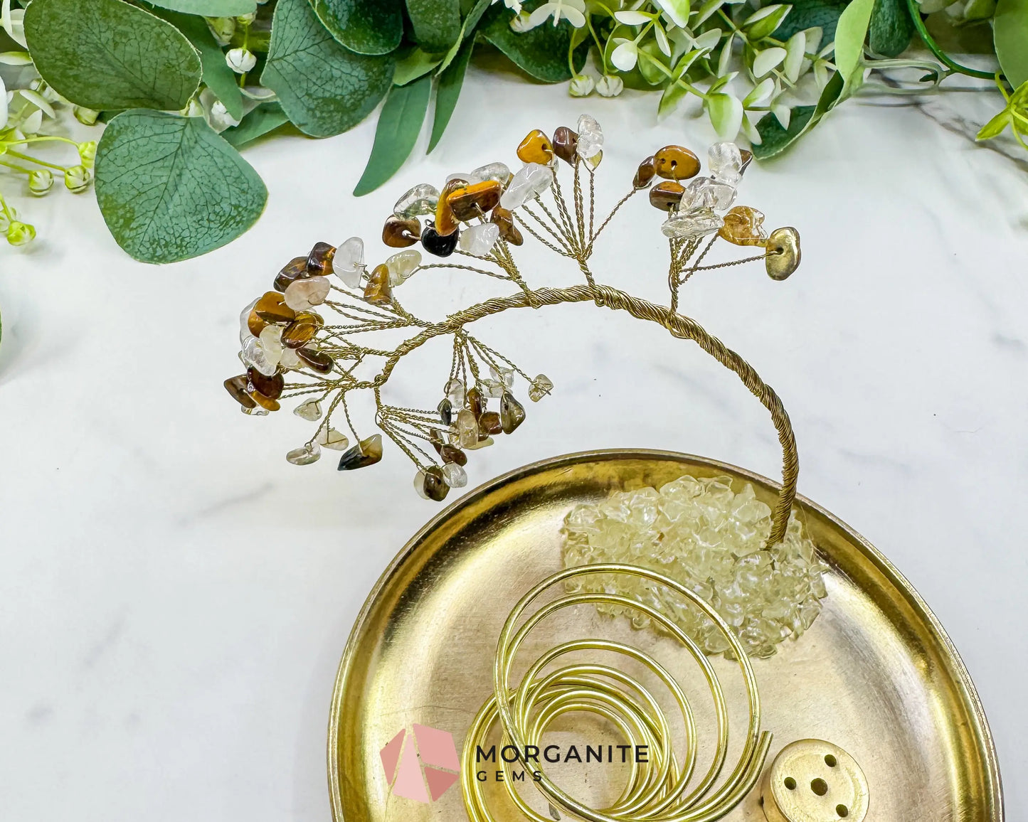 Tiger’s Eye & Rutilated Quartz Gemstone Tree Incense Holder – Gold Smudge Stick Station for Protection & Clarity