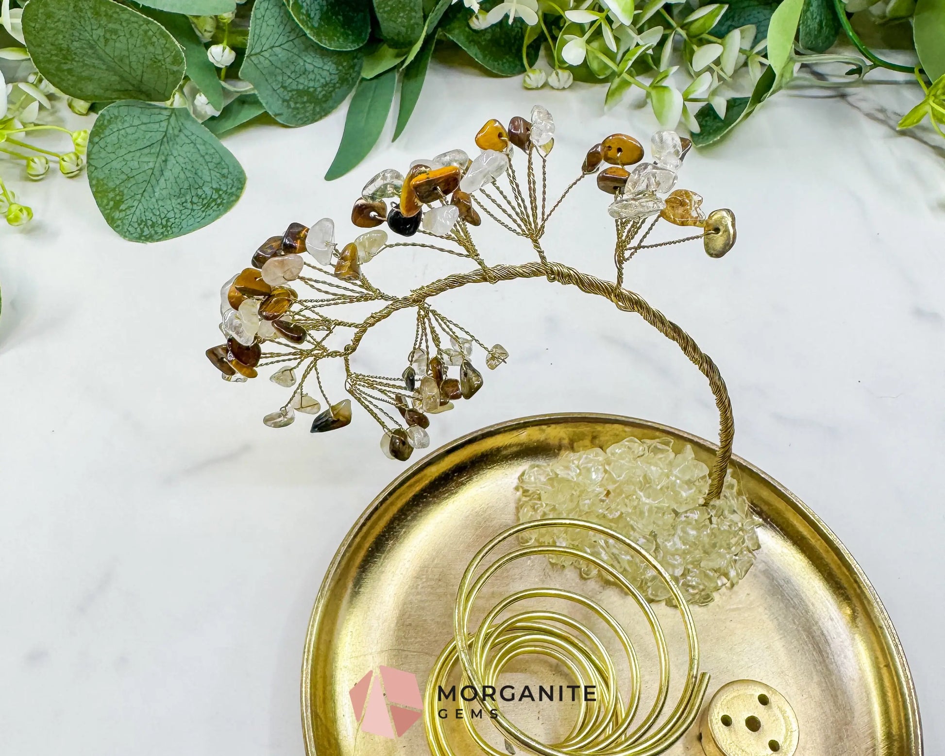 Tiger’s Eye & Rutilated Quartz Gemstone Tree Incense Holder – Gold Smudge Stick Station for Protection & Clarity