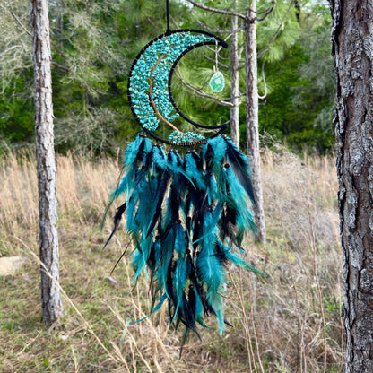 Medium Wall Hanging Crescent Moon Dream Catcher with Turquoise Stones & Hanging Stone Charm with Turquoise Black