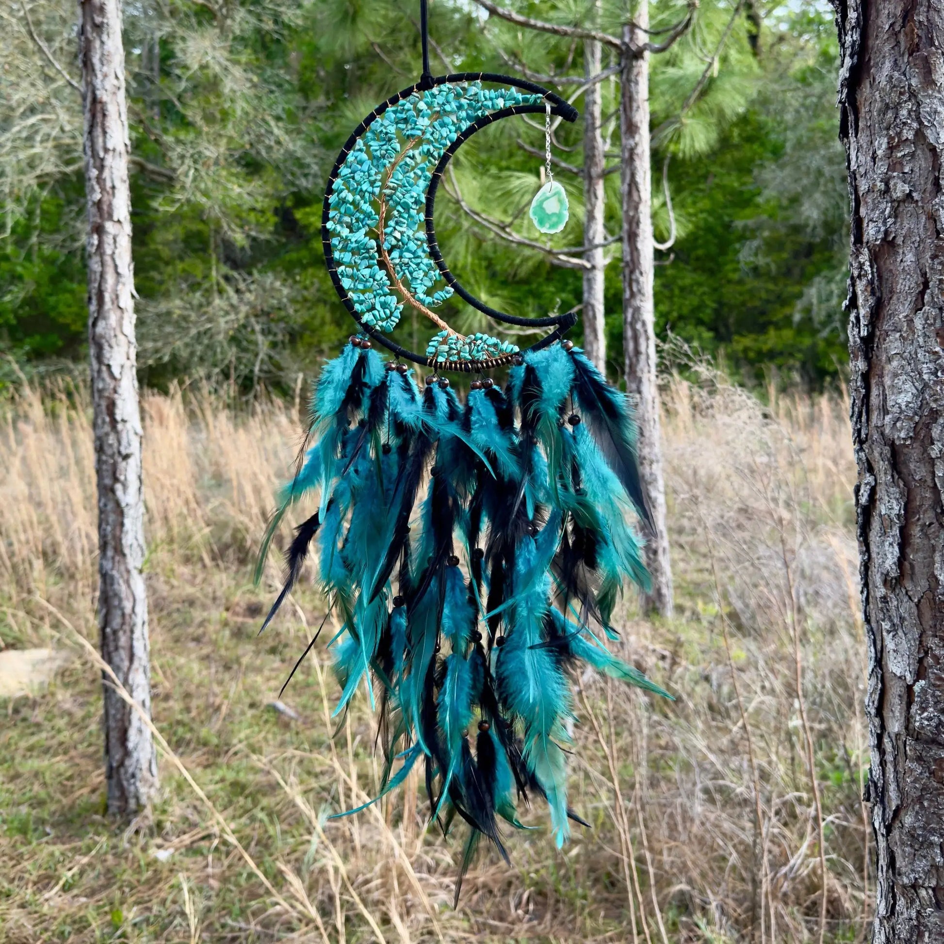 Medium Wall Hanging Crescent Moon Dream Catcher with Turquoise Stones & Hanging Stone Charm with Turquoise Black