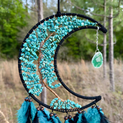 Medium Wall Hanging Crescent Moon Dream Catcher with Turquoise Stones & Hanging Stone Charm with Turquoise Black