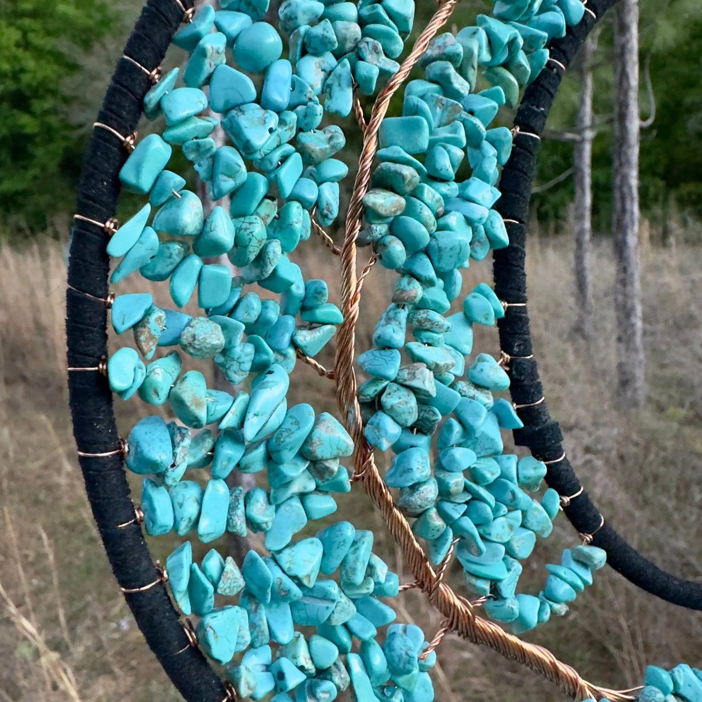 Medium Wall Hanging Crescent Moon Dream Catcher with Turquoise Stones & Hanging Stone Charm with Turquoise Black