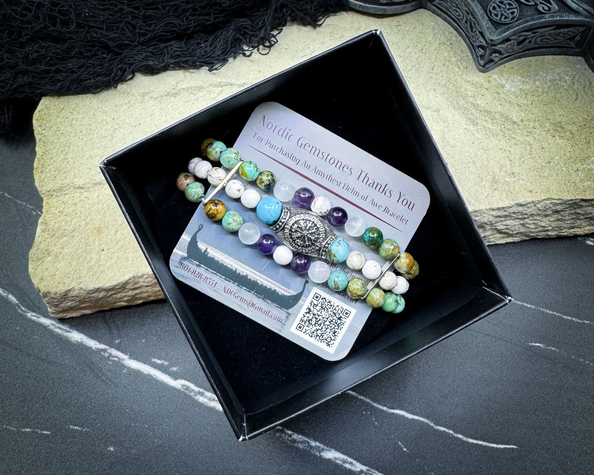 Nordic Gemstones Helm of Awe Bracelet – Triple Strand Amethyst Selenite Turquoise & White Turquoise - Jewelry