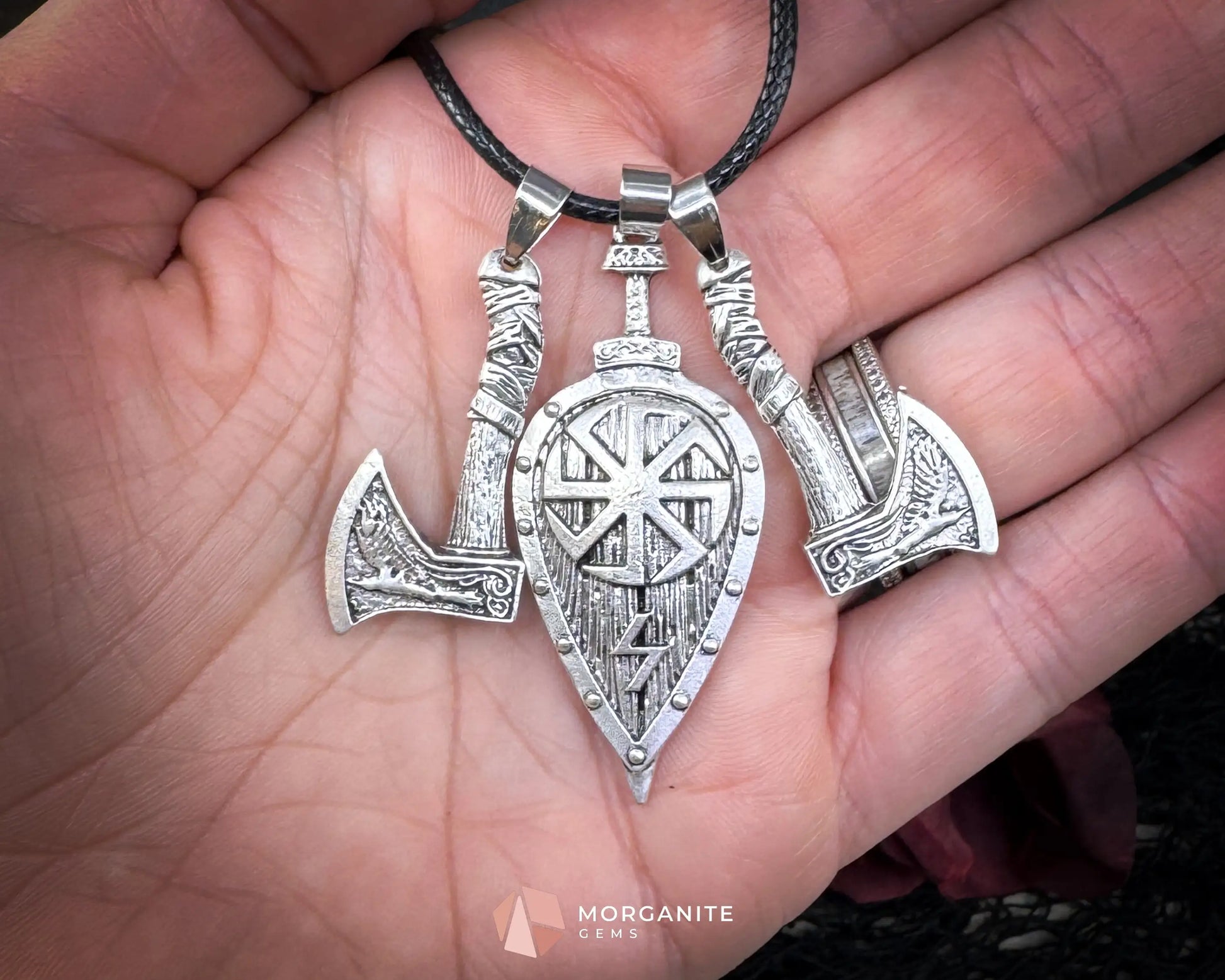 Viking Double Axe Leaf Pendant Necklace – Alloy Amulet on Black Nylon Cord - Jewelry