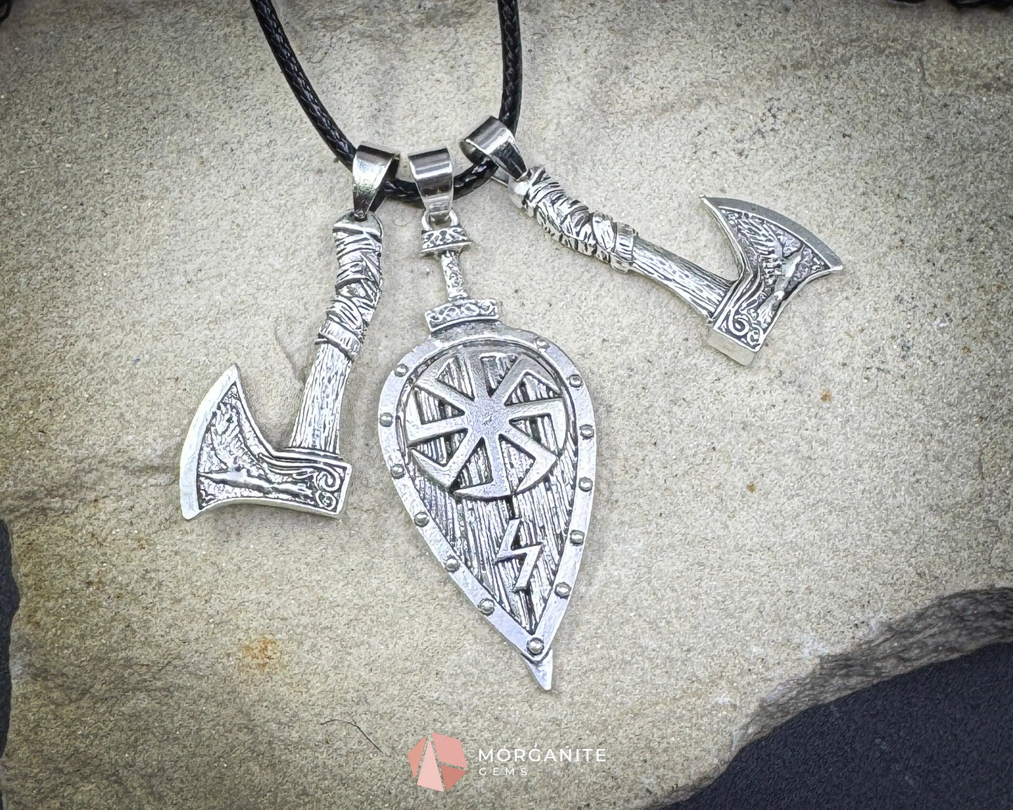 Viking Double Axe Leaf Pendant Necklace – Alloy Amulet on Black Nylon Cord - Jewelry