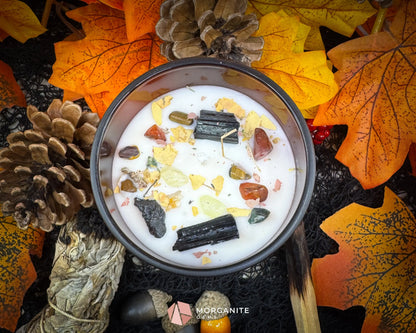 Samhain Soy Candle – 8 oz Brown Frosted Glass | Crystal & Herb Fall Candle | Witchy Decor Halloween Ritual Ancestor