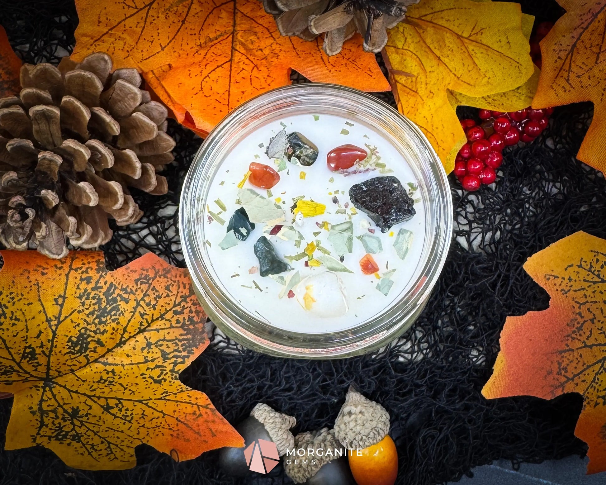 4 oz Samhain Candle – Rustic Fall Candle | Crystals & Herbs | Smoky Amber Apple Scent - Container Candles