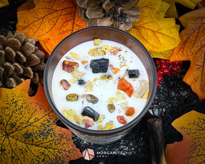 6 oz Samhain Candle – Autumn Witch Candle with Crystals | Warm Smoky Apple Blend | Sabbat Ritual Candle - Container