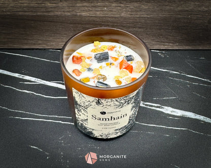 6 oz Samhain Candle – Autumn Witch Candle with Crystals | Warm Smoky Apple Blend | Sabbat Ritual Candle - Container