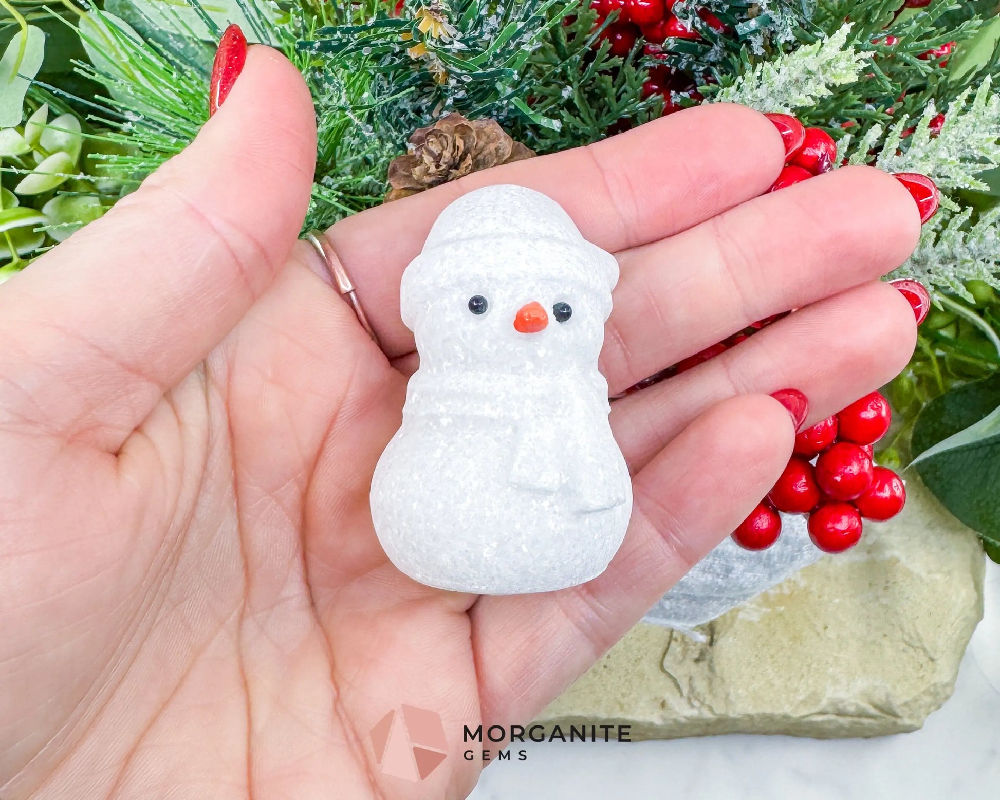 White Jade Crystal Snowman Carving (3oz) - Holiday Decor Luck & Calming Purity Stone - Metaphysical Crystals